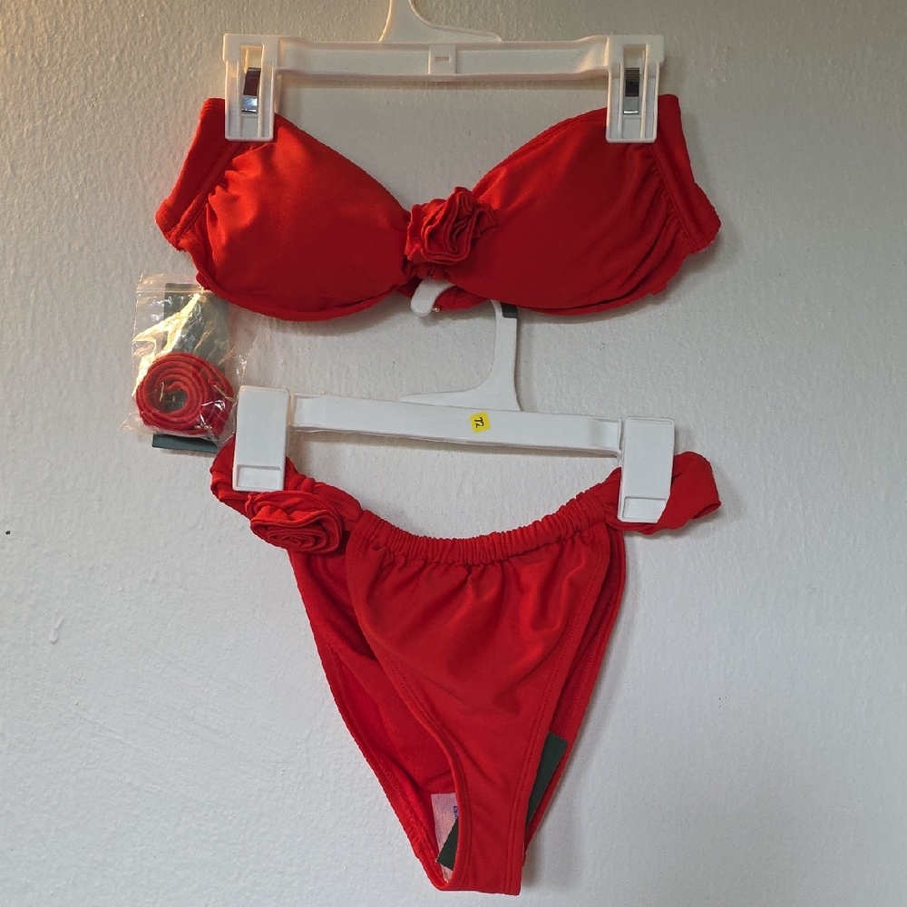 Wild Fable Red Strapless Bikini Set with Rose Add-ons